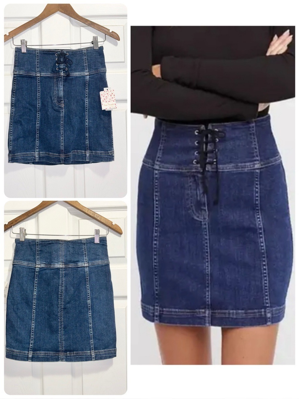 NWT Free People Modern Femme Denim Corset Mini Skirt Lace Up Blue Jean Sz 2 NEW